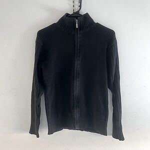 Men's Classic Y2K Ribbed Black Cotton Zip-Up Mock Neck Sweater